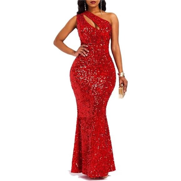 Women's Sequins Sleeveless Oblique Collar Mermaid Maxi Bodycon Dress, Red